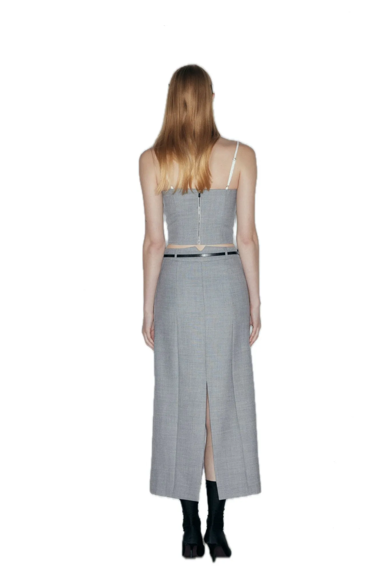 Belted Wool Blend Mid-Length Skirt In Gray