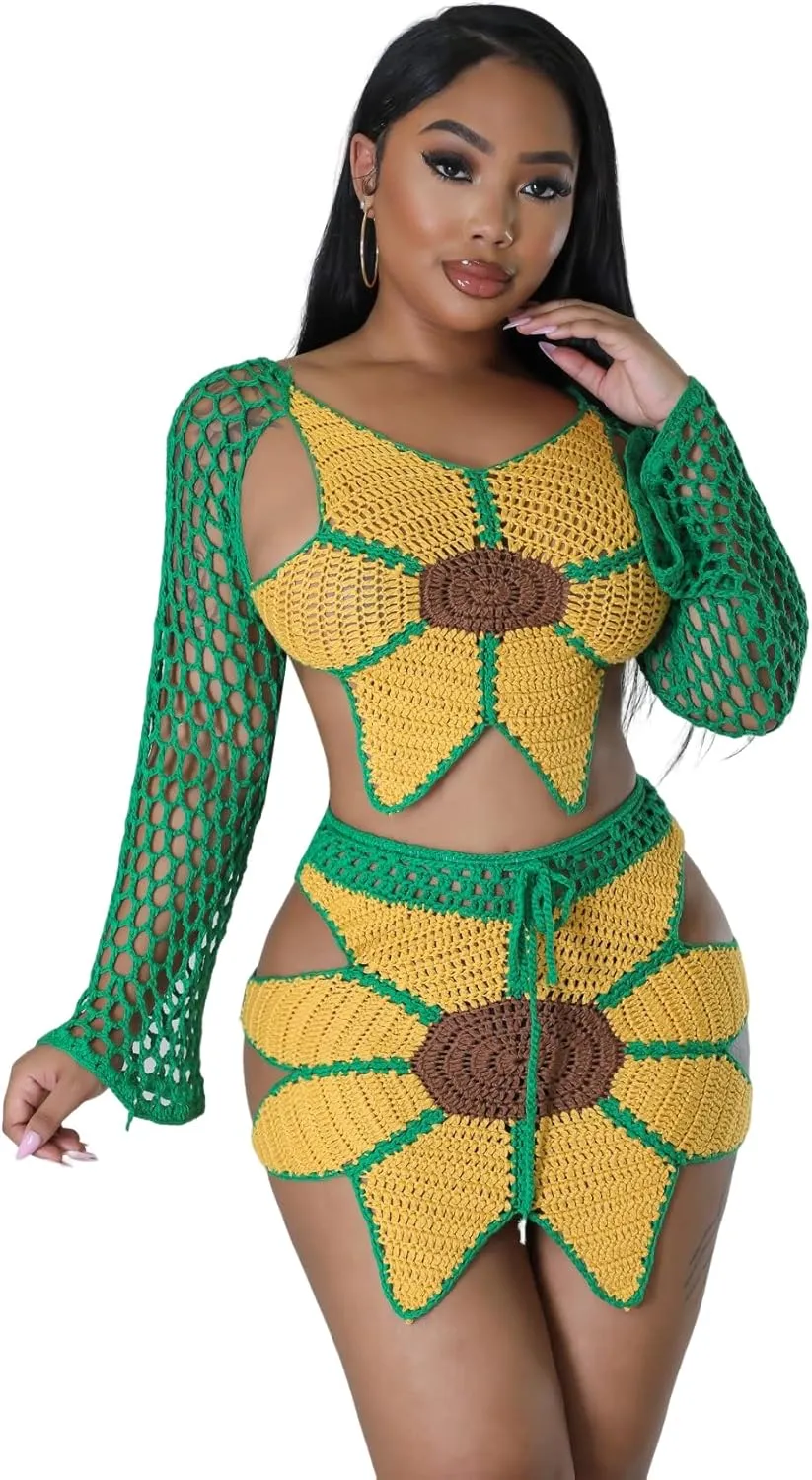 Bluewolfsea Women Sexy Beach Coverups Summer 2 Piece Outfits Crochet Mesh Fishnet Bikini Top and Maxi Skirt Set