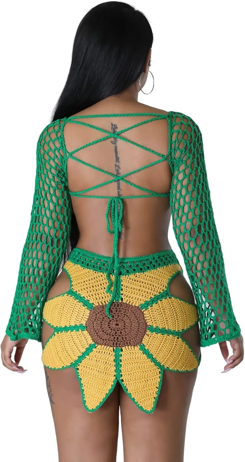 Bluewolfsea Women Sexy Beach Coverups Summer 2 Piece Outfits Crochet Mesh Fishnet Bikini Top and Maxi Skirt Set