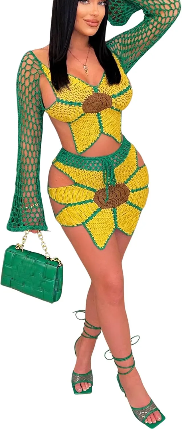 Bluewolfsea Women Sexy Beach Coverups Summer 2 Piece Outfits Crochet Mesh Fishnet Bikini Top and Maxi Skirt Set