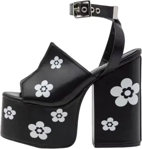 DETOGNI Women's Block High Heel Square Toe Ankle Strap Vegan Sandals Flower Printing Platform Sole Square Shaped Buckles Shoes