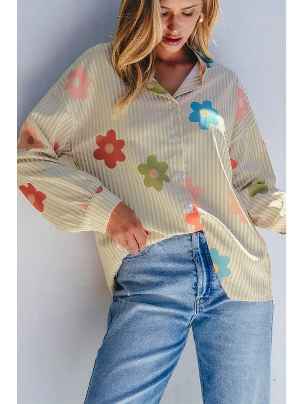 Flower Print Collared Button-up Loose Fit Blouse