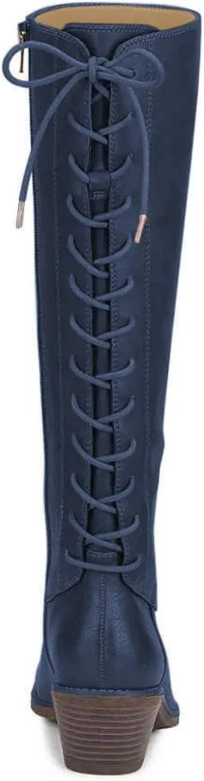 FSJ Women Retro Knee High Combat Boots Stacked Block Heels Almond Toe Lace-up Zipper Party Winter Boots Shoe Size 4-15 US