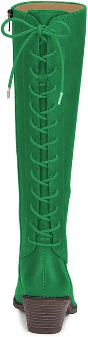 FSJ Women Retro Knee High Combat Boots Stacked Block Heels Almond Toe Lace-up Zipper Party Winter Boots Shoe Size 4-15 US