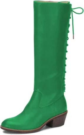 FSJ Women Retro Knee High Combat Boots Stacked Block Heels Almond Toe Lace-up Zipper Party Winter Boots Shoe Size 4-15 US