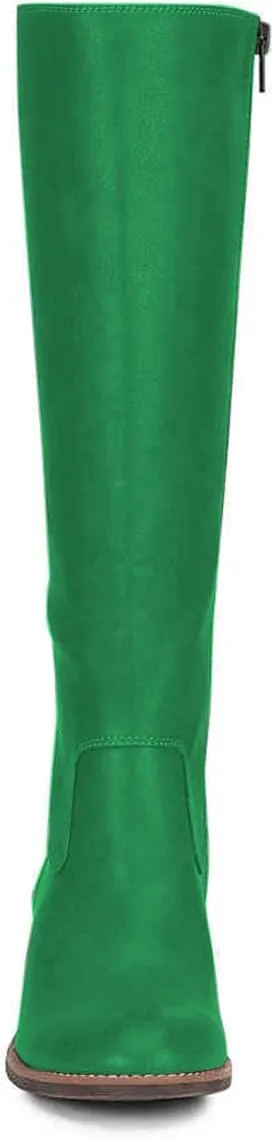 FSJ Women Retro Knee High Combat Boots Stacked Block Heels Almond Toe Lace-up Zipper Party Winter Boots Shoe Size 4-15 US