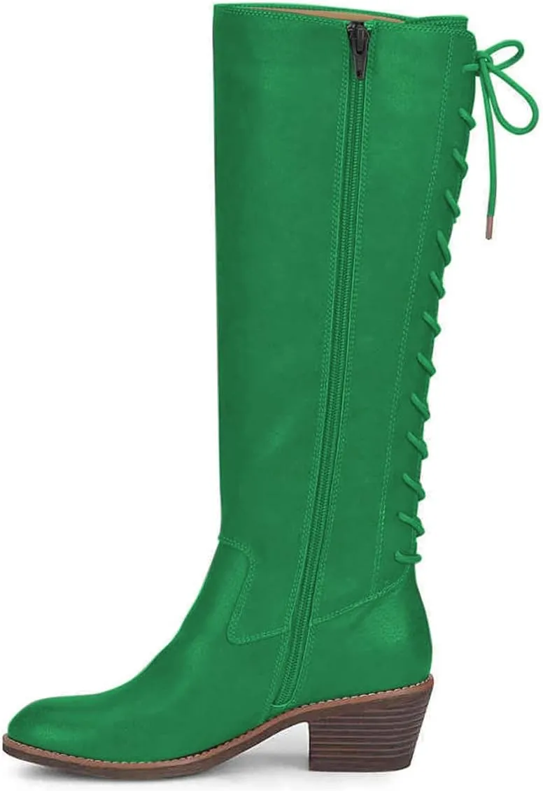 FSJ Women Retro Knee High Combat Boots Stacked Block Heels Almond Toe Lace-up Zipper Party Winter Boots Shoe Size 4-15 US