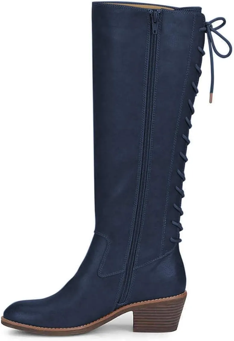 FSJ Women Retro Knee High Combat Boots Stacked Block Heels Almond Toe Lace-up Zipper Party Winter Boots Shoe Size 4-15 US