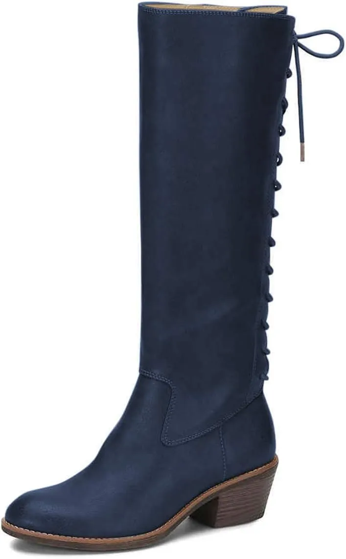 FSJ Women Retro Knee High Combat Boots Stacked Block Heels Almond Toe Lace-up Zipper Party Winter Boots Shoe Size 4-15 US