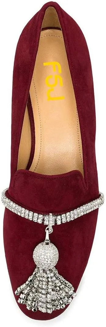 FSJ Women Trendy Round Toe Loafers Fringed Rhinestones Decor Flats Comfort Walking Ballet Shoes Size 4-15 US