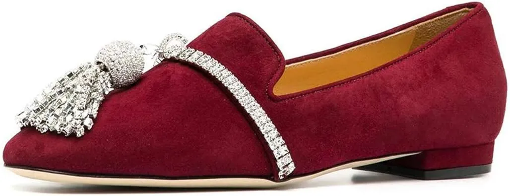 FSJ Women Trendy Round Toe Loafers Fringed Rhinestones Decor Flats Comfort Walking Ballet Shoes Size 4-15 US