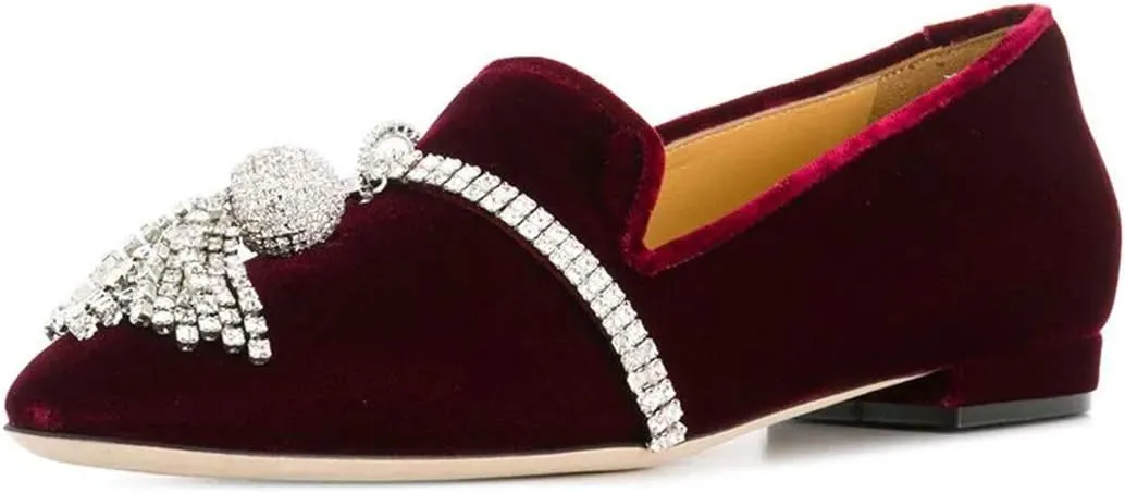 FSJ Women Trendy Round Toe Loafers Fringed Rhinestones Decor Flats Comfort Walking Ballet Shoes Size 4-15 US