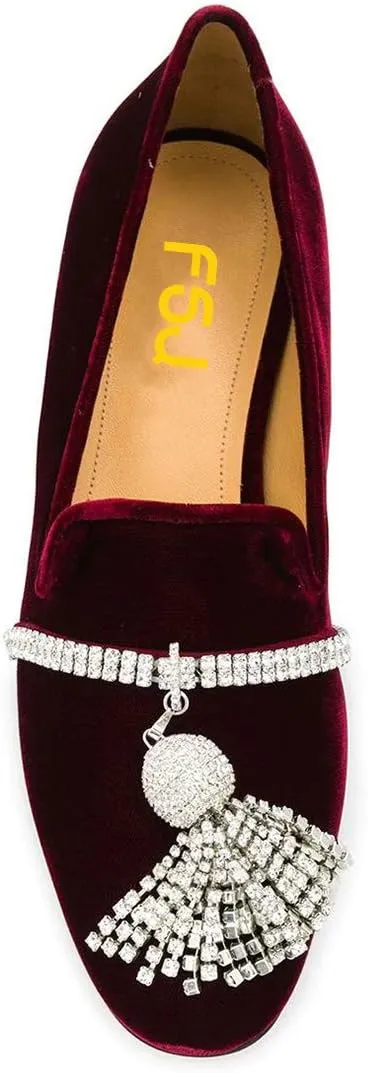FSJ Women Trendy Round Toe Loafers Fringed Rhinestones Decor Flats Comfort Walking Ballet Shoes Size 4-15 US