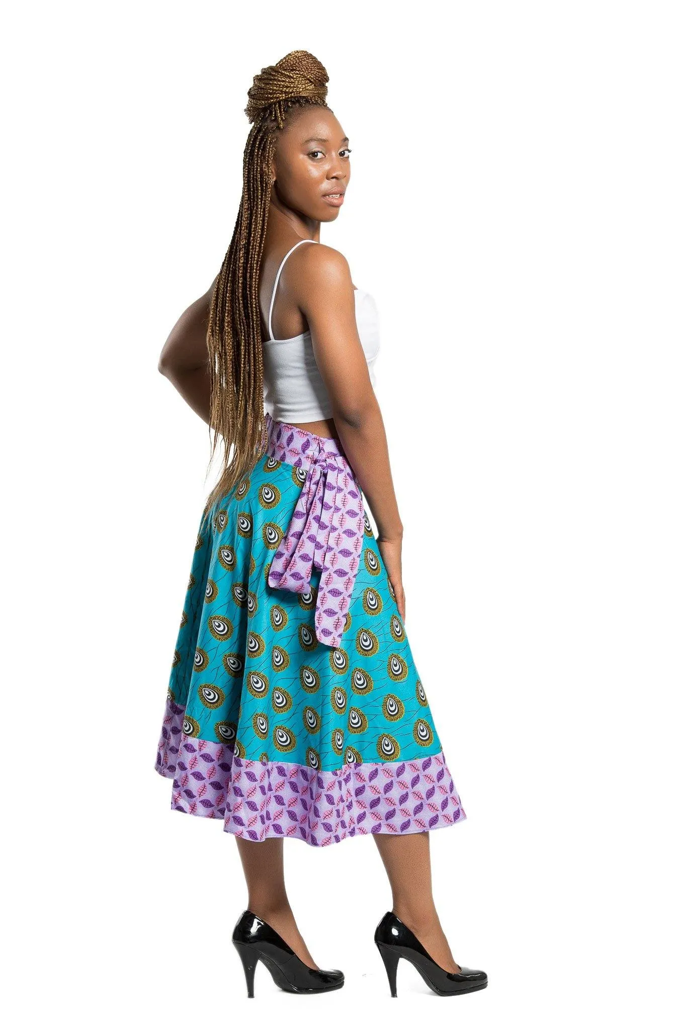 Hannah African Print 2-Seasons Midi Skirt (Pink & Green)