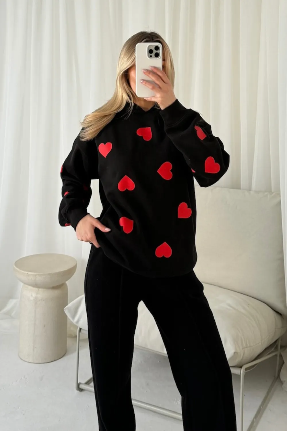 Heart black printed relaxed hoodie