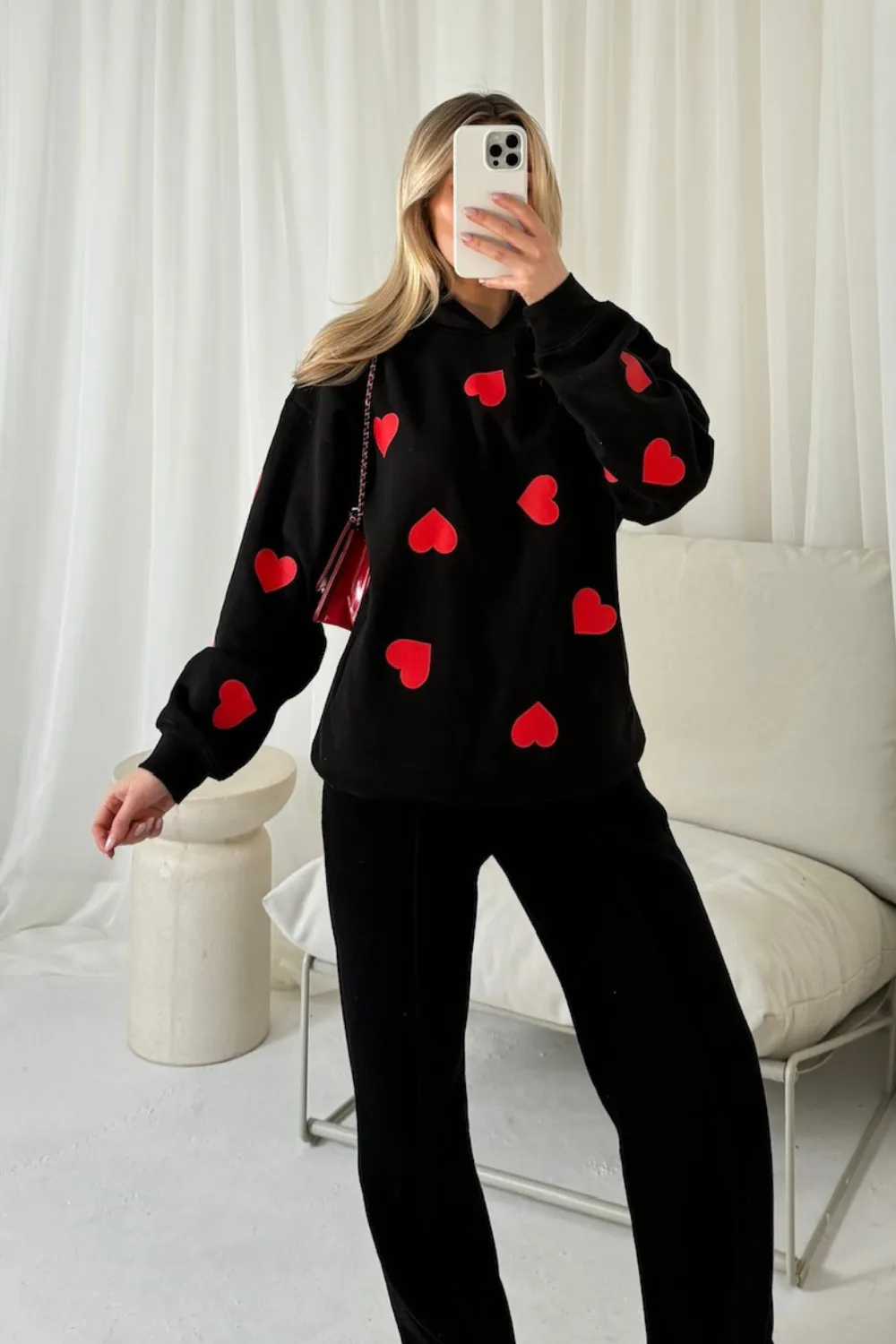Heart black printed relaxed hoodie
