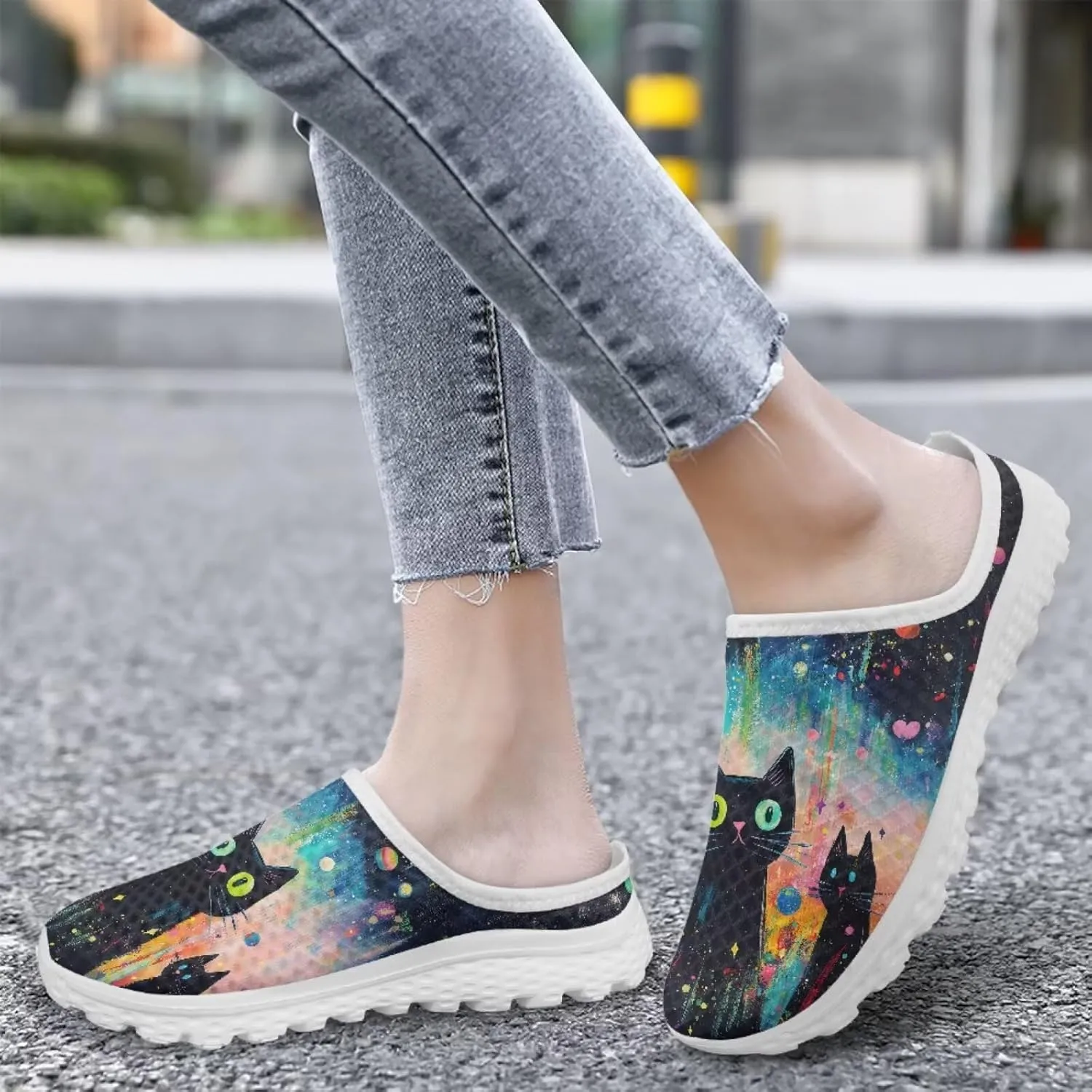 Howilath Cats Print Garden Clogs for Women Arch Support Casual Loafers Mule Sneakers with EVA Sole