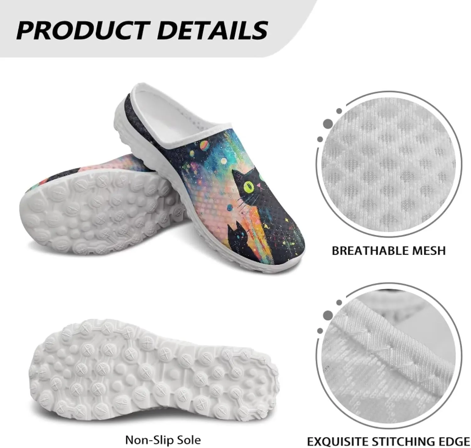 Howilath Cats Print Garden Clogs for Women Arch Support Casual Loafers Mule Sneakers with EVA Sole