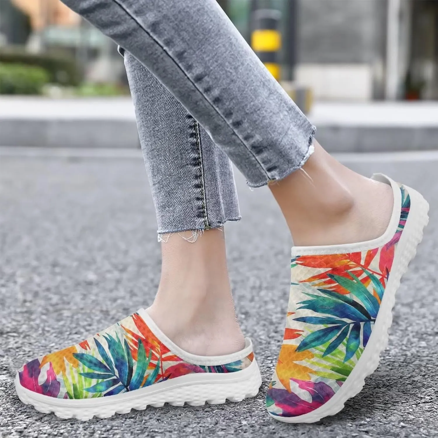 Howilath Flower Print Women's Mule Shoes Casual Garden Clogs Lightweight Slip on Sneakers Mules Sneakers with EVA Sole