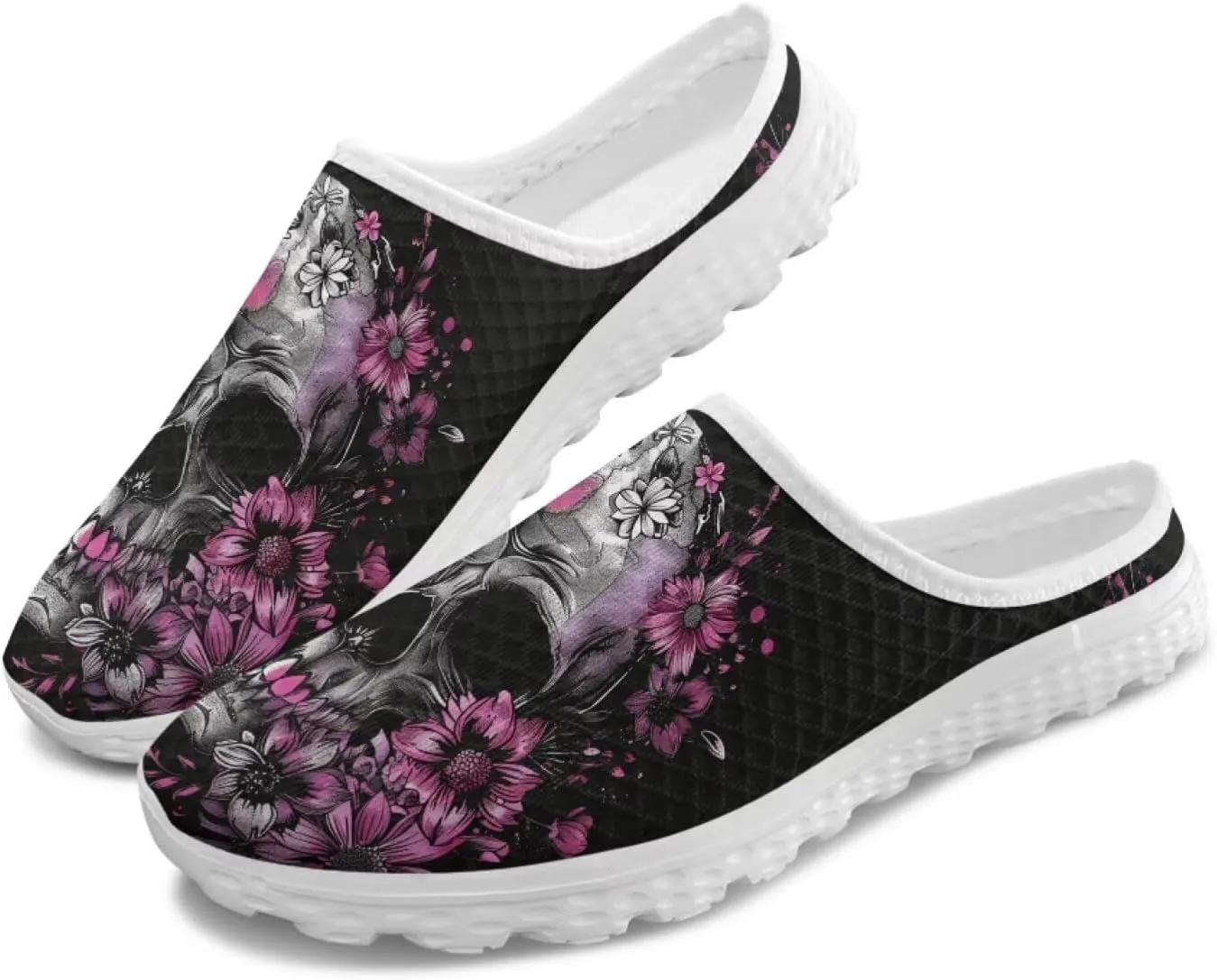 Howilath Gothic Skull Mule Shoes for Women Arch Support Garden Shoes Breathable Loafers Mesh Running Sneaker