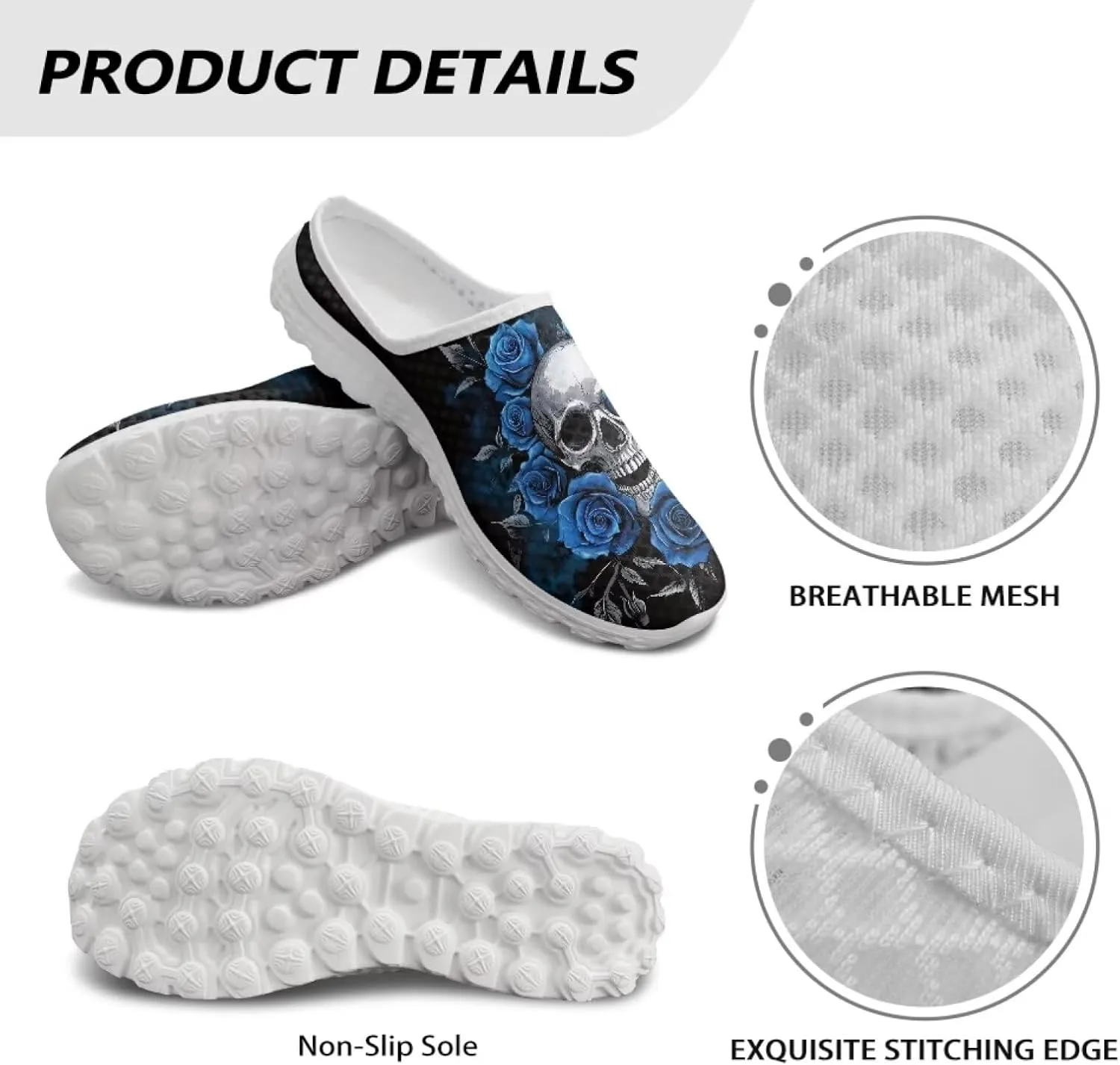 Howilath Gothic Skull Mule Shoes for Women Arch Support Garden Shoes Breathable Loafers Mesh Running Sneaker