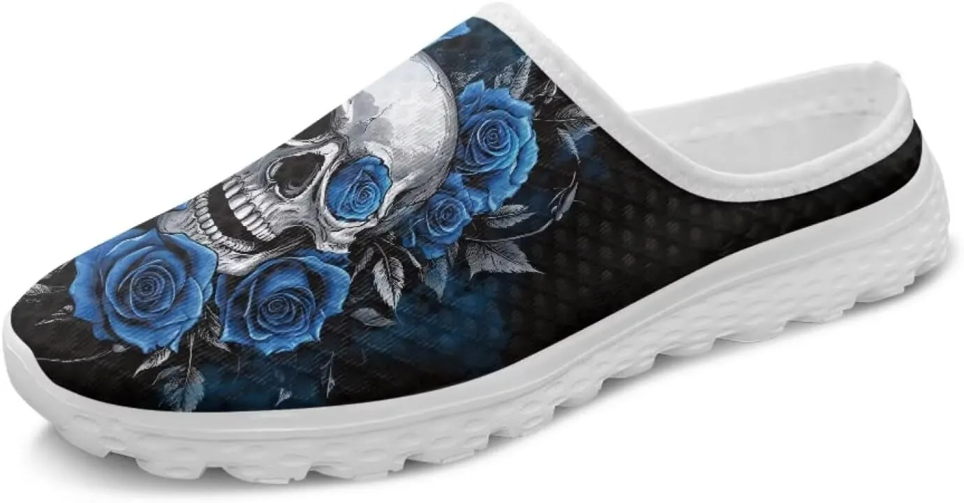 Howilath Gothic Skull Mule Shoes for Women Arch Support Garden Shoes Breathable Loafers Mesh Running Sneaker