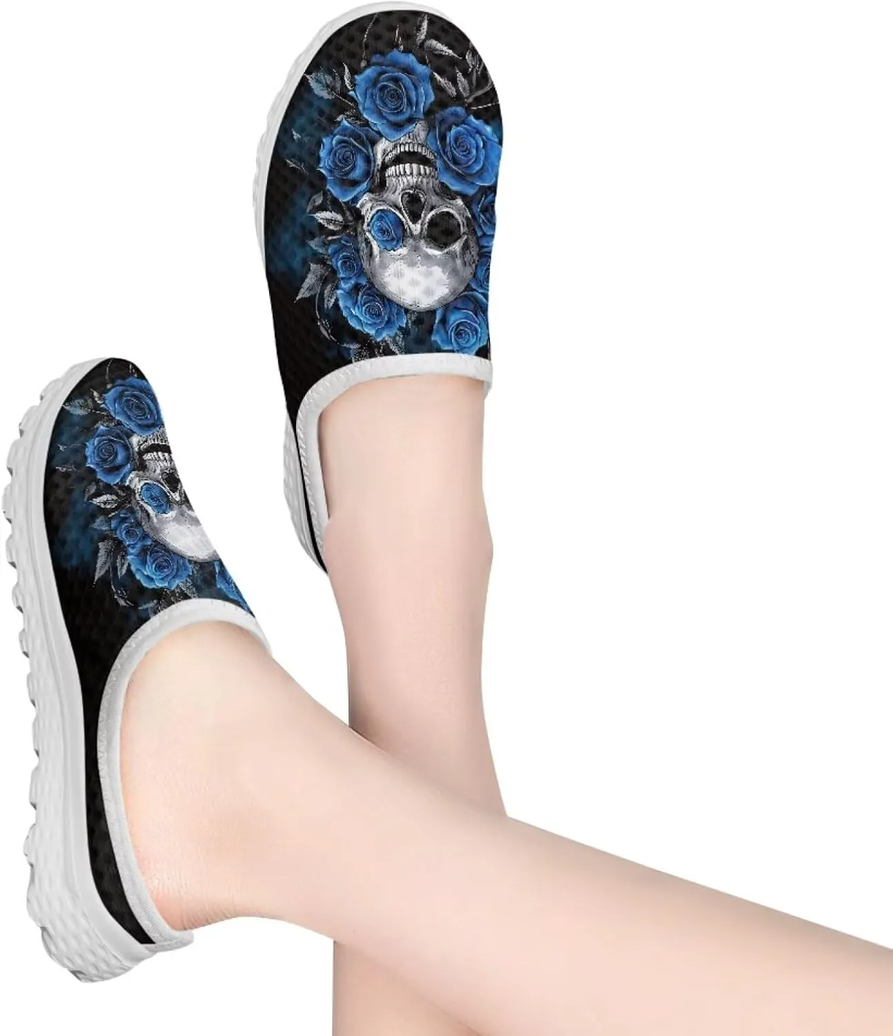 Howilath Gothic Skull Mule Shoes for Women Arch Support Garden Shoes Breathable Loafers Mesh Running Sneaker