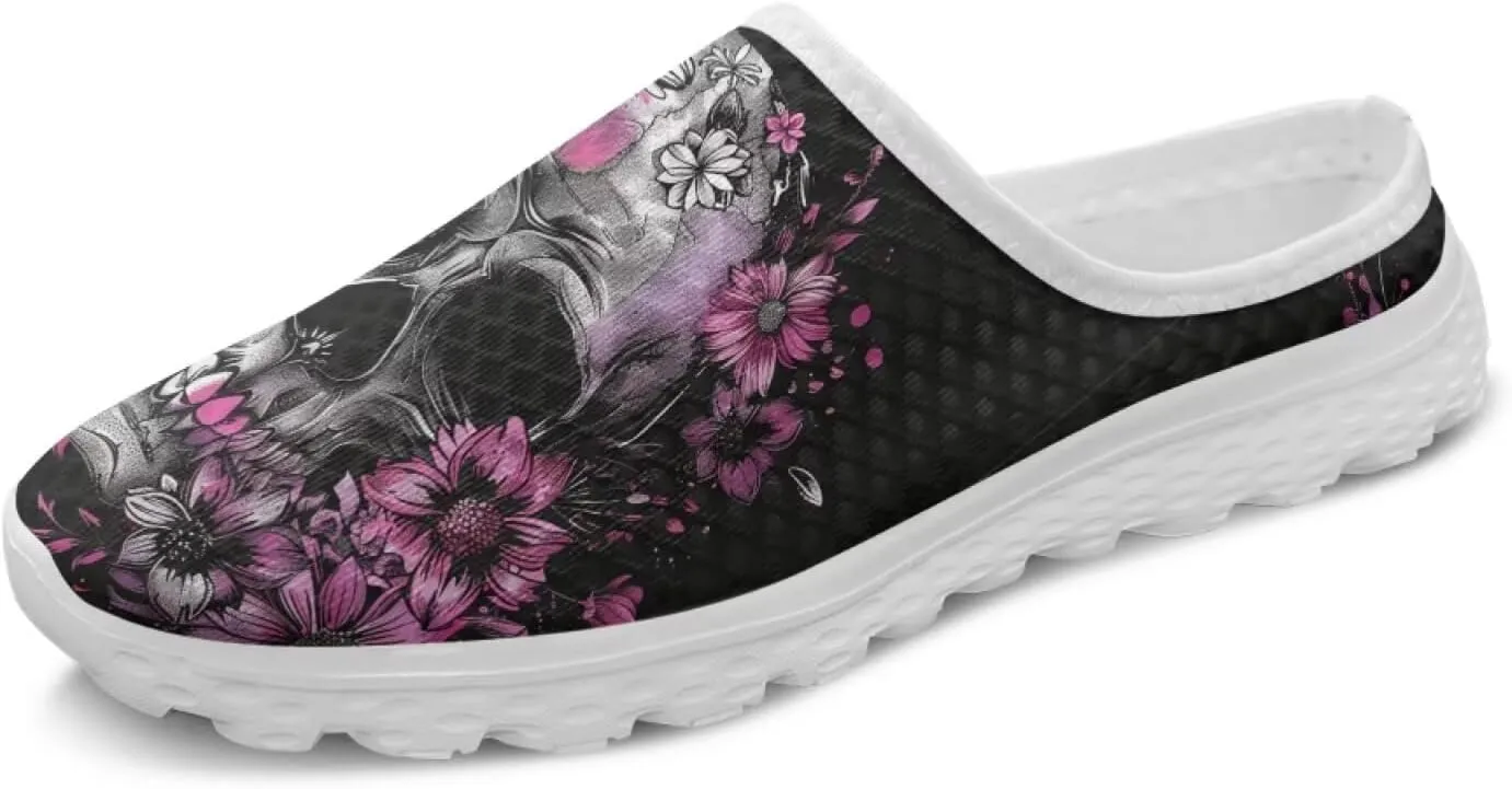 Howilath Gothic Skull Mule Shoes for Women Arch Support Garden Shoes Breathable Loafers Mesh Running Sneaker
