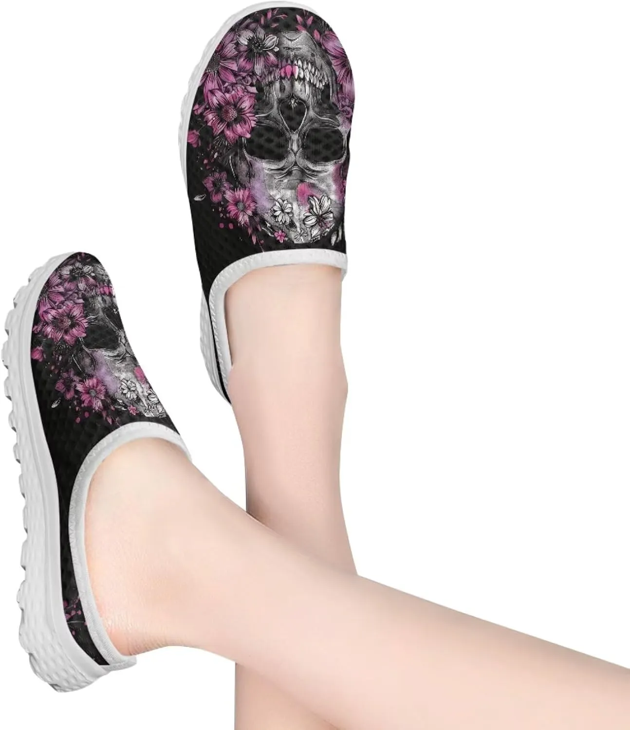 Howilath Gothic Skull Mule Shoes for Women Arch Support Garden Shoes Breathable Loafers Mesh Running Sneaker