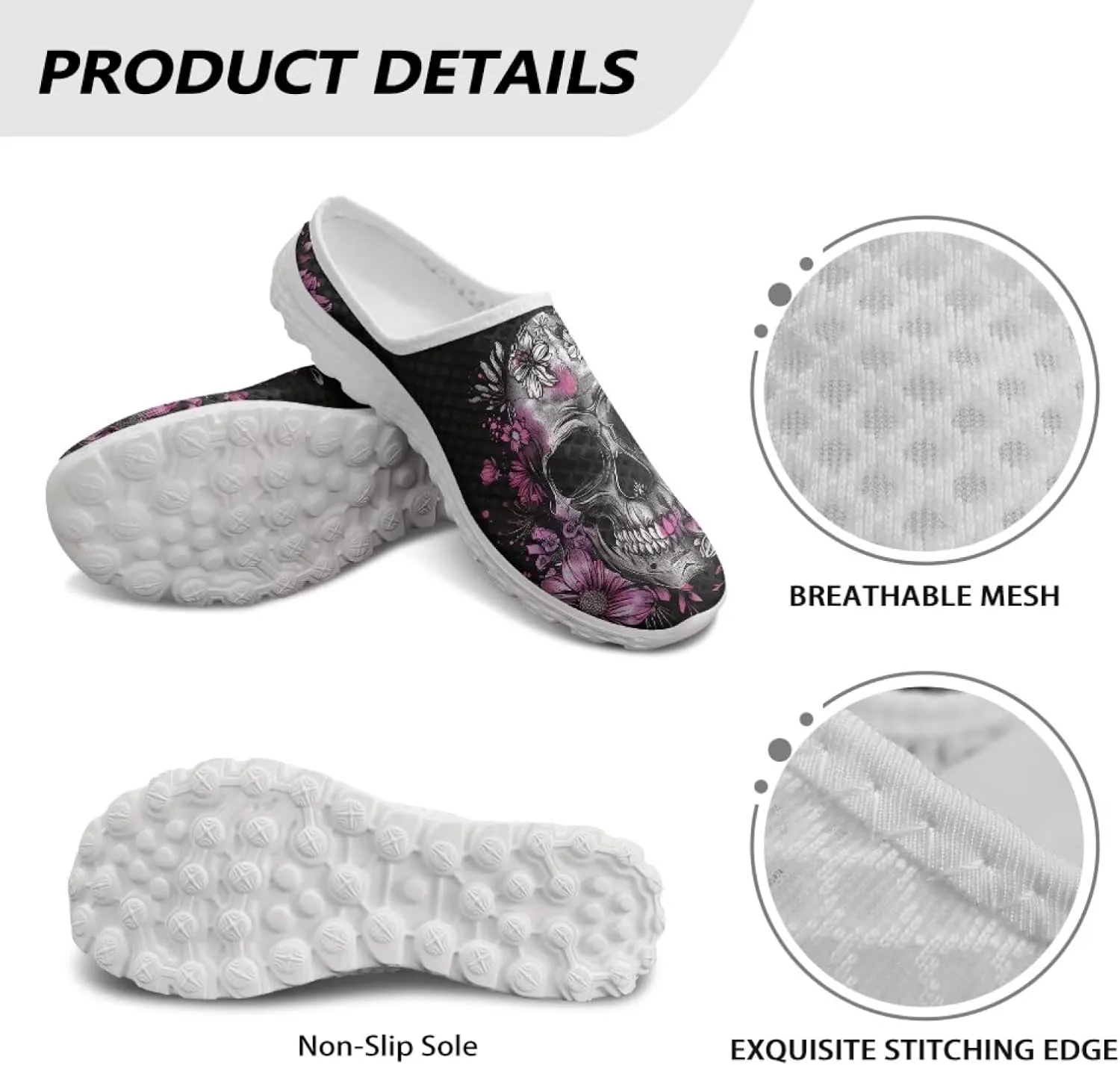 Howilath Gothic Skull Mule Shoes for Women Arch Support Garden Shoes Breathable Loafers Mesh Running Sneaker