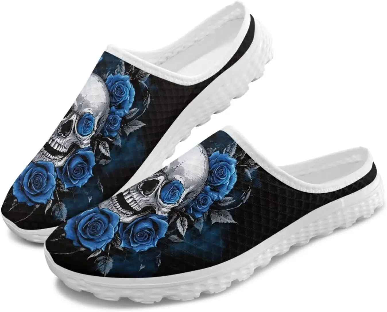 Howilath Gothic Skull Mule Shoes for Women Arch Support Garden Shoes Breathable Loafers Mesh Running Sneaker