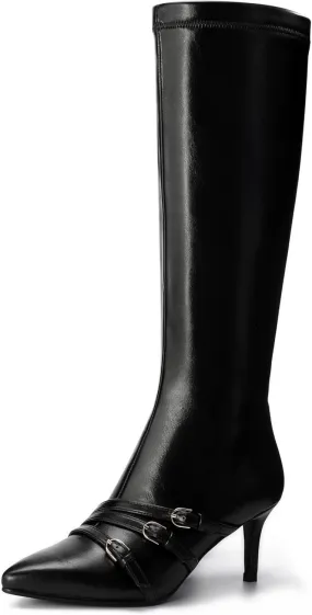 Knee High Boots for Women Strappy Buckles Stiletto Heel Pointed Toe Side Zipper Soft PU Leather Sexy Dress Long Boots and Ankle Booties