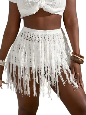 MakeMeChic Women's Crochet High Waisted Skirt Hollow Out Fringe Knit Mini Skirts