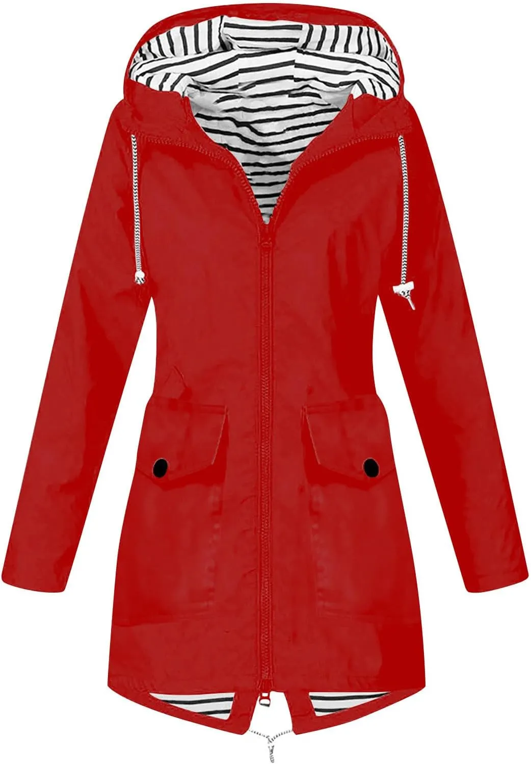NaRHbrg Women's Waterproof Raincoat Zipper Mid Length Raincoat Rainwear Outdoor Rain Jacket Hooded Active Windbreaker