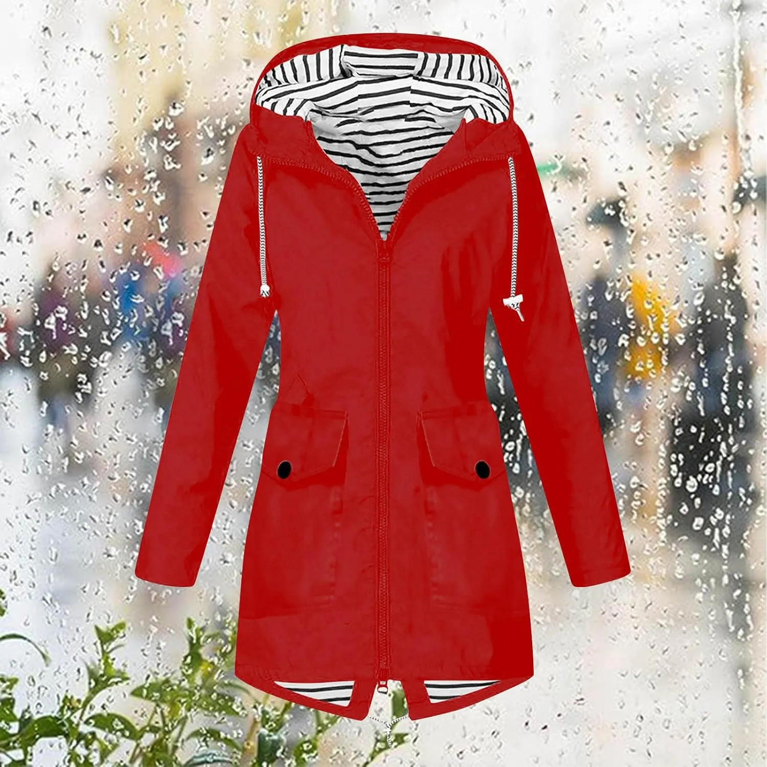 NaRHbrg Women's Waterproof Raincoat Zipper Mid Length Raincoat Rainwear Outdoor Rain Jacket Hooded Active Windbreaker