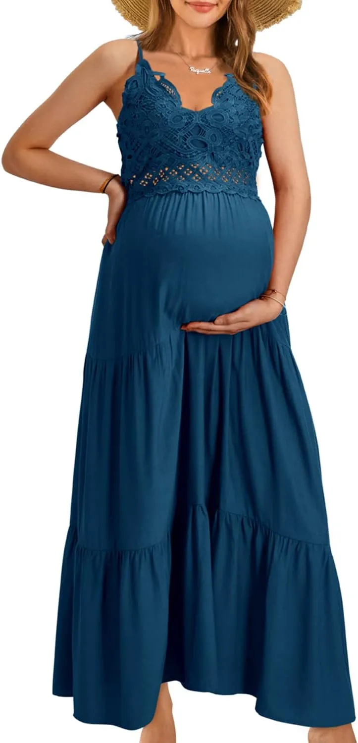 OUGES Womens' Maternity Maxi Dress Spaghetti Strap Baby Shower Pregnancy Dresses for Photoshoot
