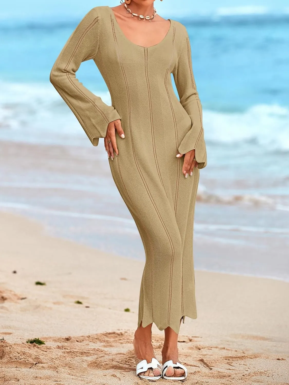 Saodimallsu Womens Crochet Maxi Dress Bell Long Sleeve Sexy V Neck Bodycon Backless Knit Dresses Beach Swim Cover Up