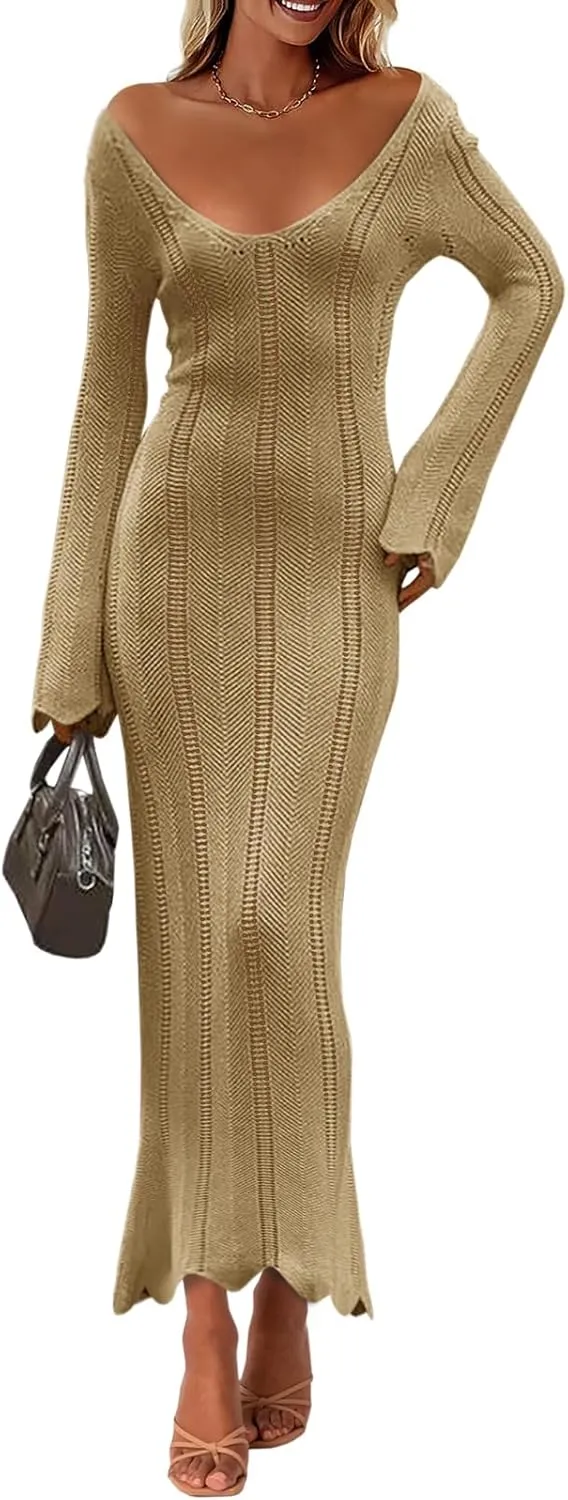 Saodimallsu Womens Crochet Maxi Dress Bell Long Sleeve Sexy V Neck Bodycon Backless Knit Dresses Beach Swim Cover Up