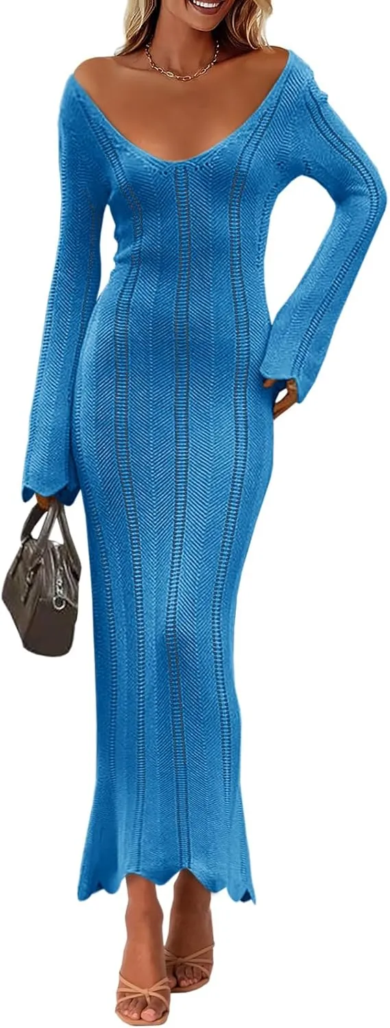 Saodimallsu Womens Crochet Maxi Dress Bell Long Sleeve Sexy V Neck Bodycon Backless Knit Dresses Beach Swim Cover Up