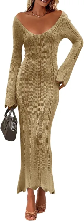 Saodimallsu Womens Crochet Maxi Dress Bell Long Sleeve Sexy V Neck Bodycon Backless Knit Dresses Beach Swim Cover Up