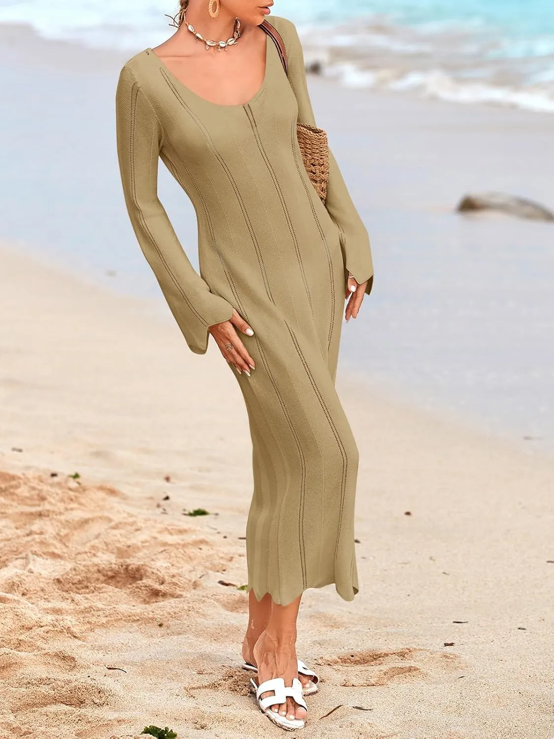 Saodimallsu Womens Crochet Maxi Dress Bell Long Sleeve Sexy V Neck Bodycon Backless Knit Dresses Beach Swim Cover Up