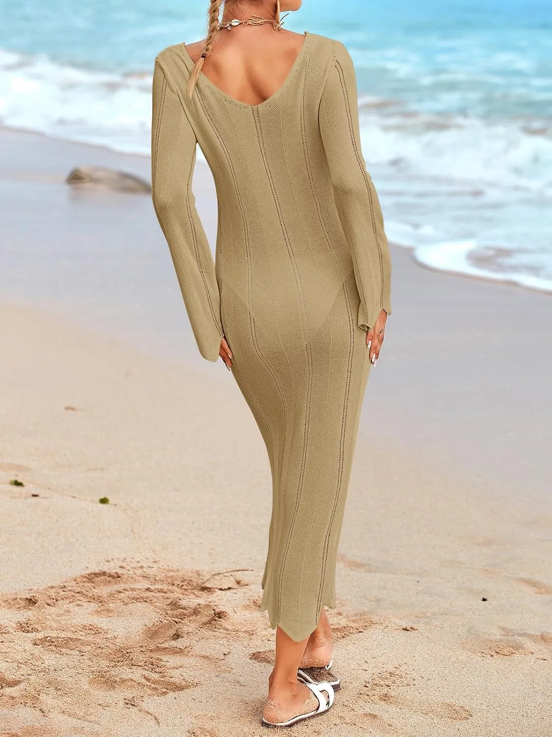 Saodimallsu Womens Crochet Maxi Dress Bell Long Sleeve Sexy V Neck Bodycon Backless Knit Dresses Beach Swim Cover Up