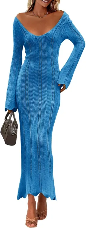 Saodimallsu Womens Crochet Maxi Dress Bell Long Sleeve Sexy V Neck Bodycon Backless Knit Dresses Beach Swim Cover Up
