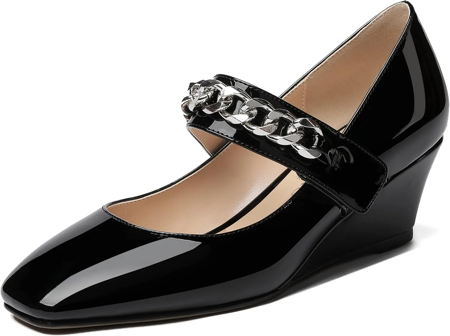 WAYDERNS Women's Slip-on Patent Lace Up Metal Chain Square Toe Mary Jane Wedge Low Heel Pumps Shoes 2 Inch