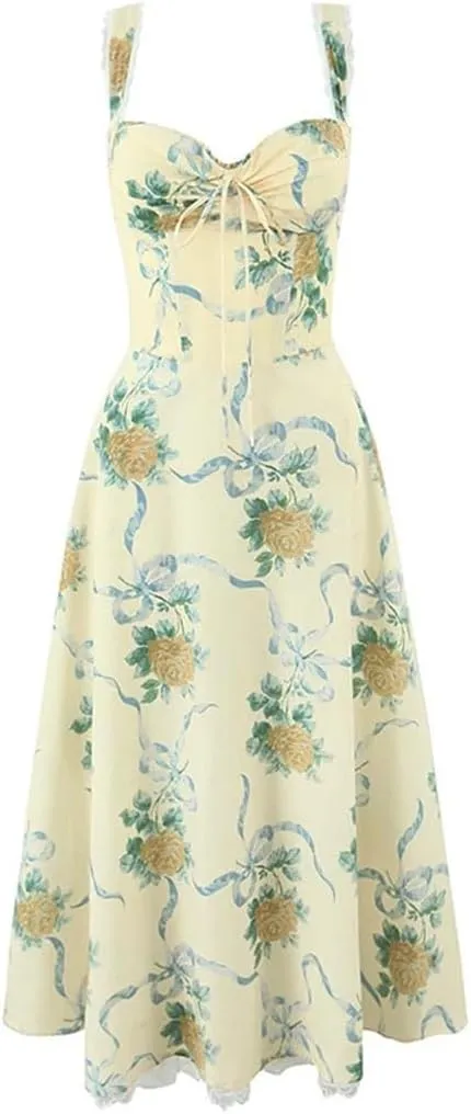 Women Floral Print Fishbone Waist Spaghetti Straps Midi Long Party Dresses
