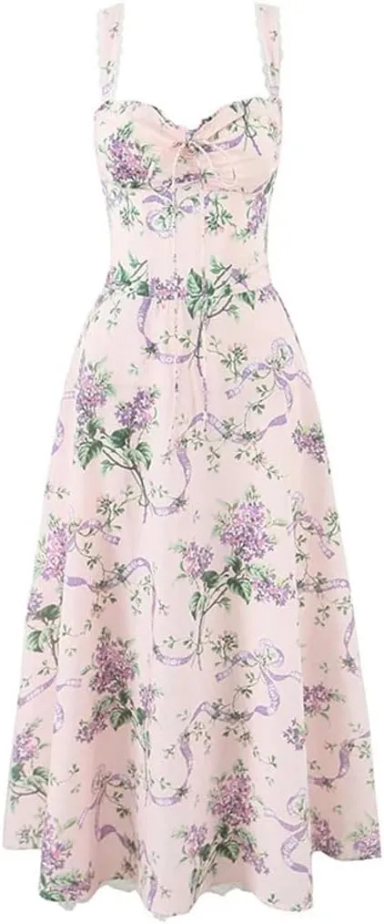 Women Floral Print Fishbone Waist Spaghetti Straps Midi Long Party Dresses