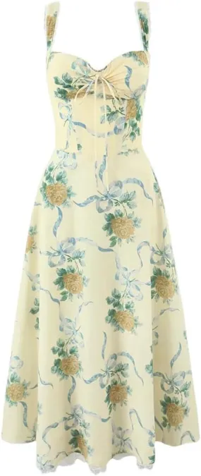 Women Floral Print Fishbone Waist Spaghetti Straps Midi Long Party Dresses