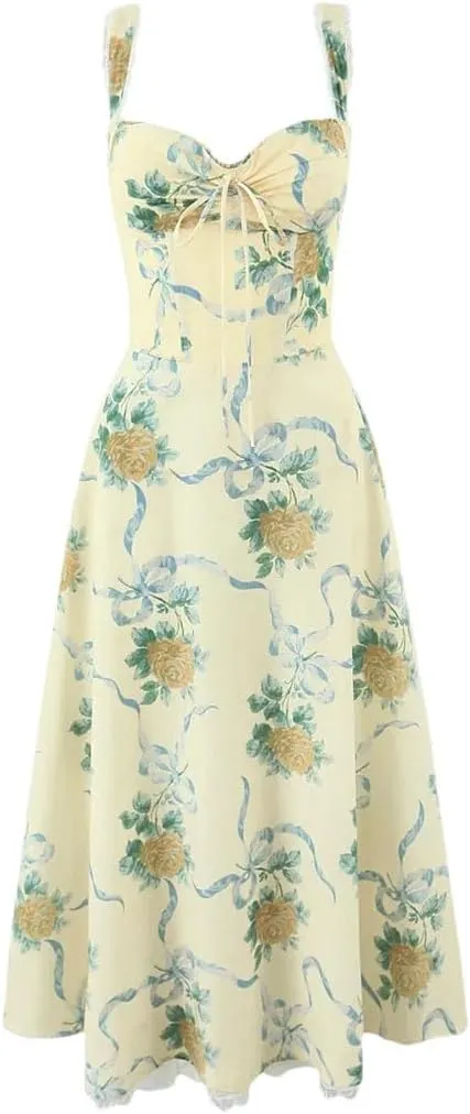 Women Floral Print Fishbone Waist Spaghetti Straps Midi Long Party Dresses
