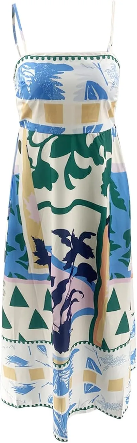 Women Graffiti Printed Maxi Cami Dress Square Neck Sleeveless Spaghetti Strap Boho Dress Flowy Swing Aline Sundress