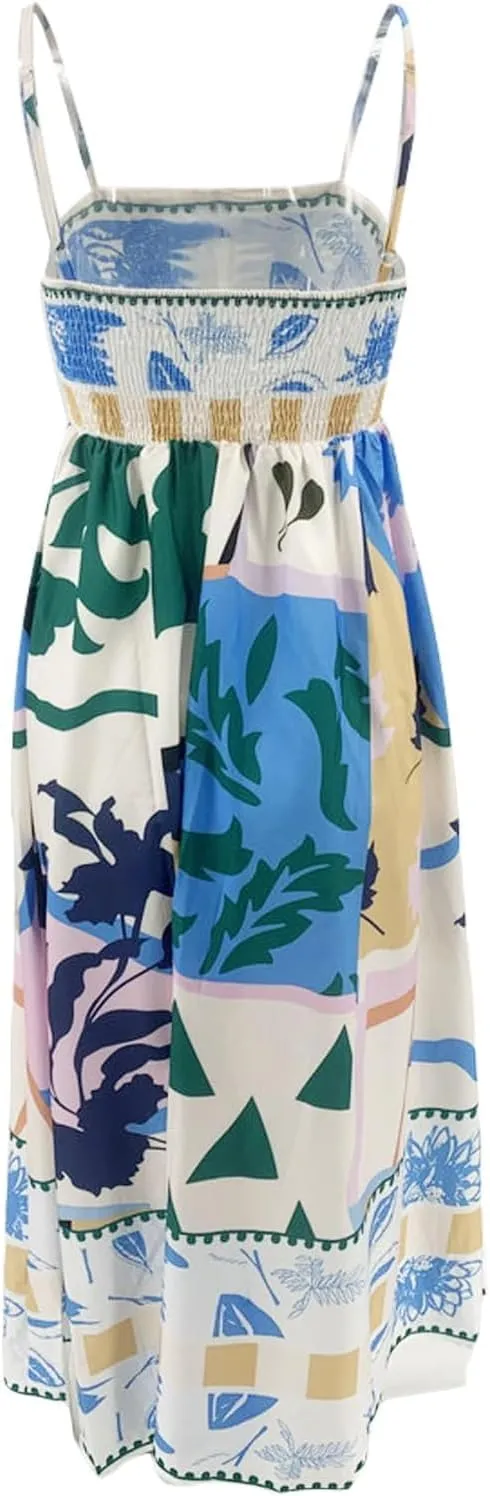 Women Graffiti Printed Maxi Cami Dress Square Neck Sleeveless Spaghetti Strap Boho Dress Flowy Swing Aline Sundress